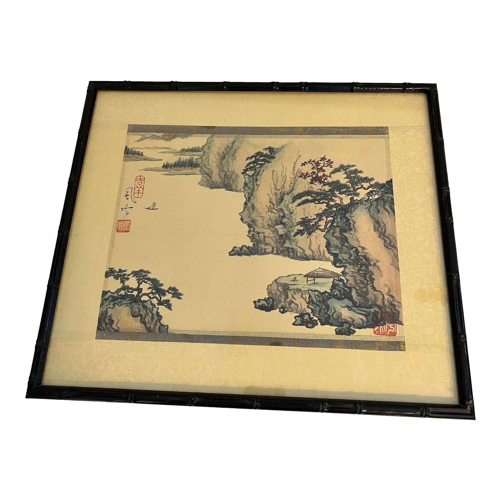 Chinoiserie on Silk Painting: Asian landscape on silk of small village and winding lake. Measures 16.5" w x 14.5" h. Condition: Alterations: Original Condition Unaltered Imperfections: Some Imperfections Condition Notes: Only
