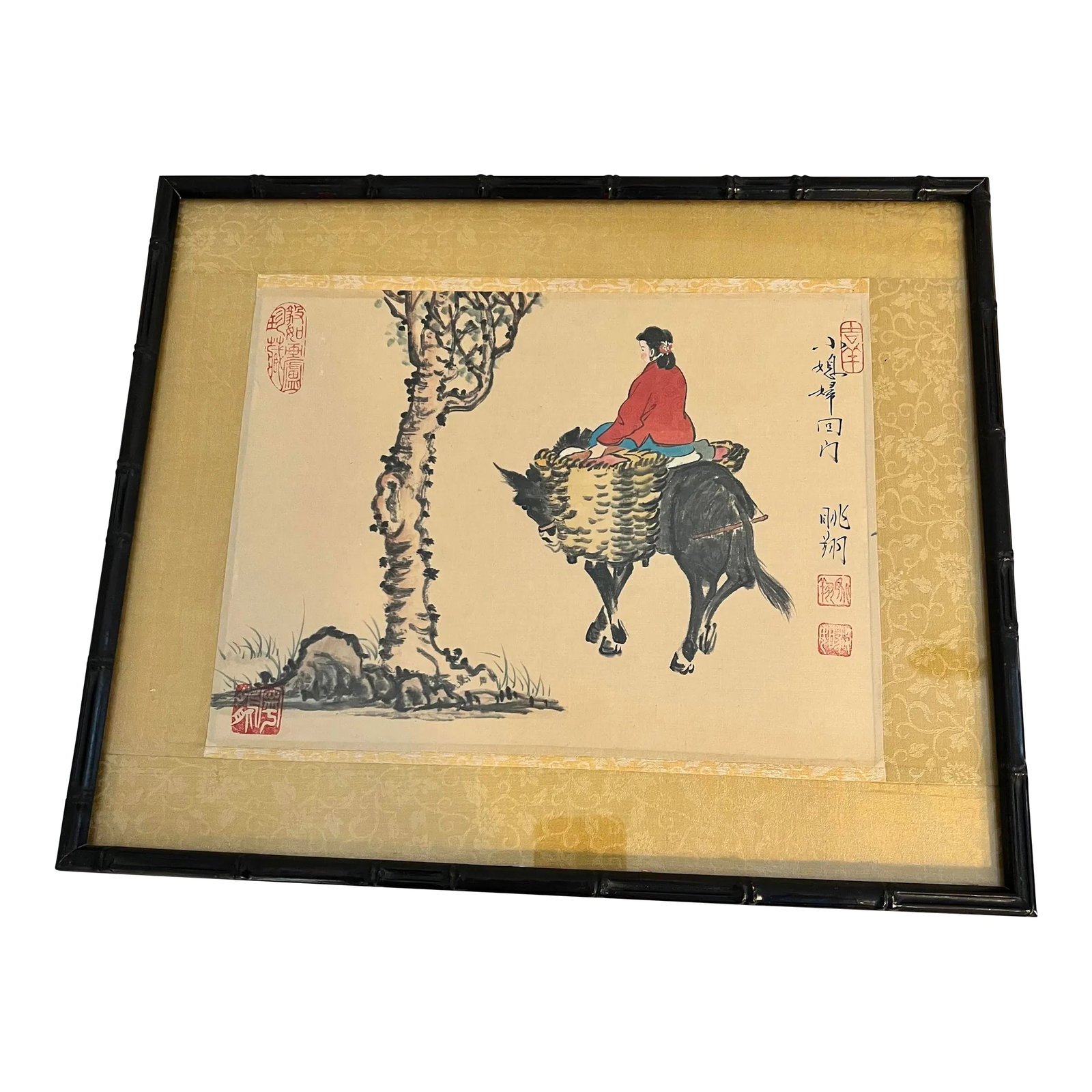 Chinoiserie Silk Painting Rider on Burro: Early to mid century asian painting on silk framed in black faux bamboo frame. Matted in a tan matt. Measures 16.5" w x 14.5" high. Condition: Alterations: Original Condition Unaltered Imperfections: