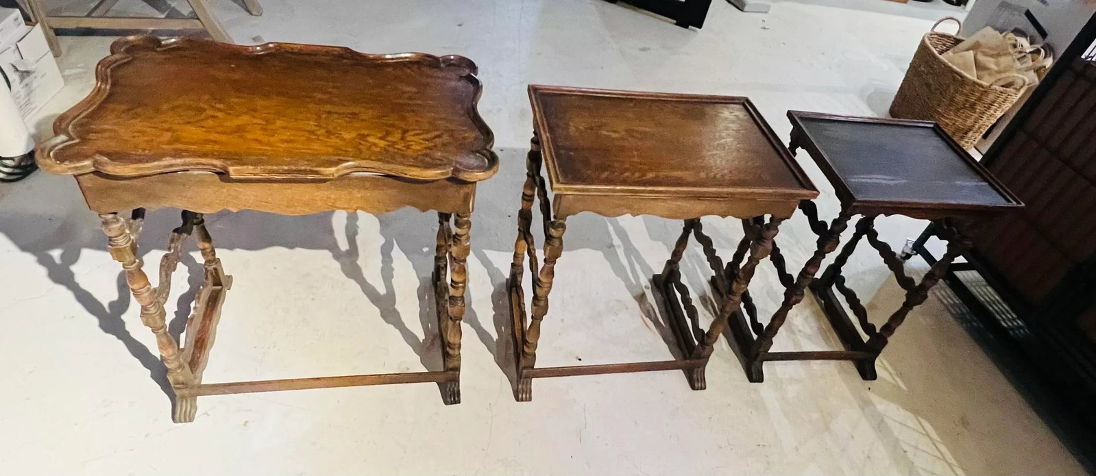 Antique Hand Carved Sold Hardwood Nesting Table a Set of # - 11