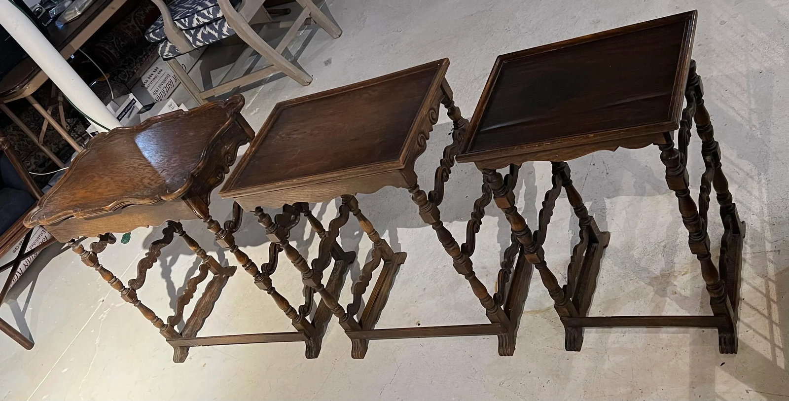 Antique Hand Carved Sold Hardwood Nesting Table a Set of # - 12