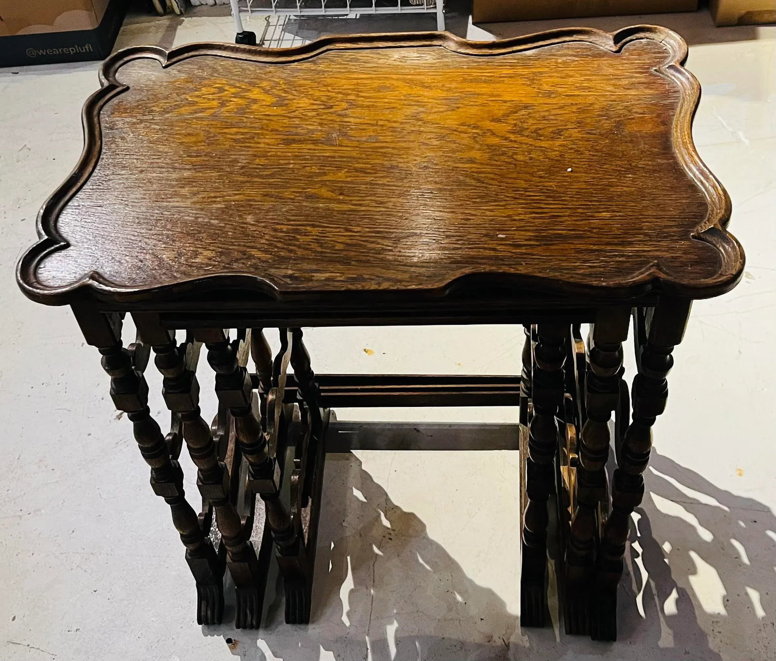 Antique Hand Carved Sold Hardwood Nesting Table a Set of # - 2