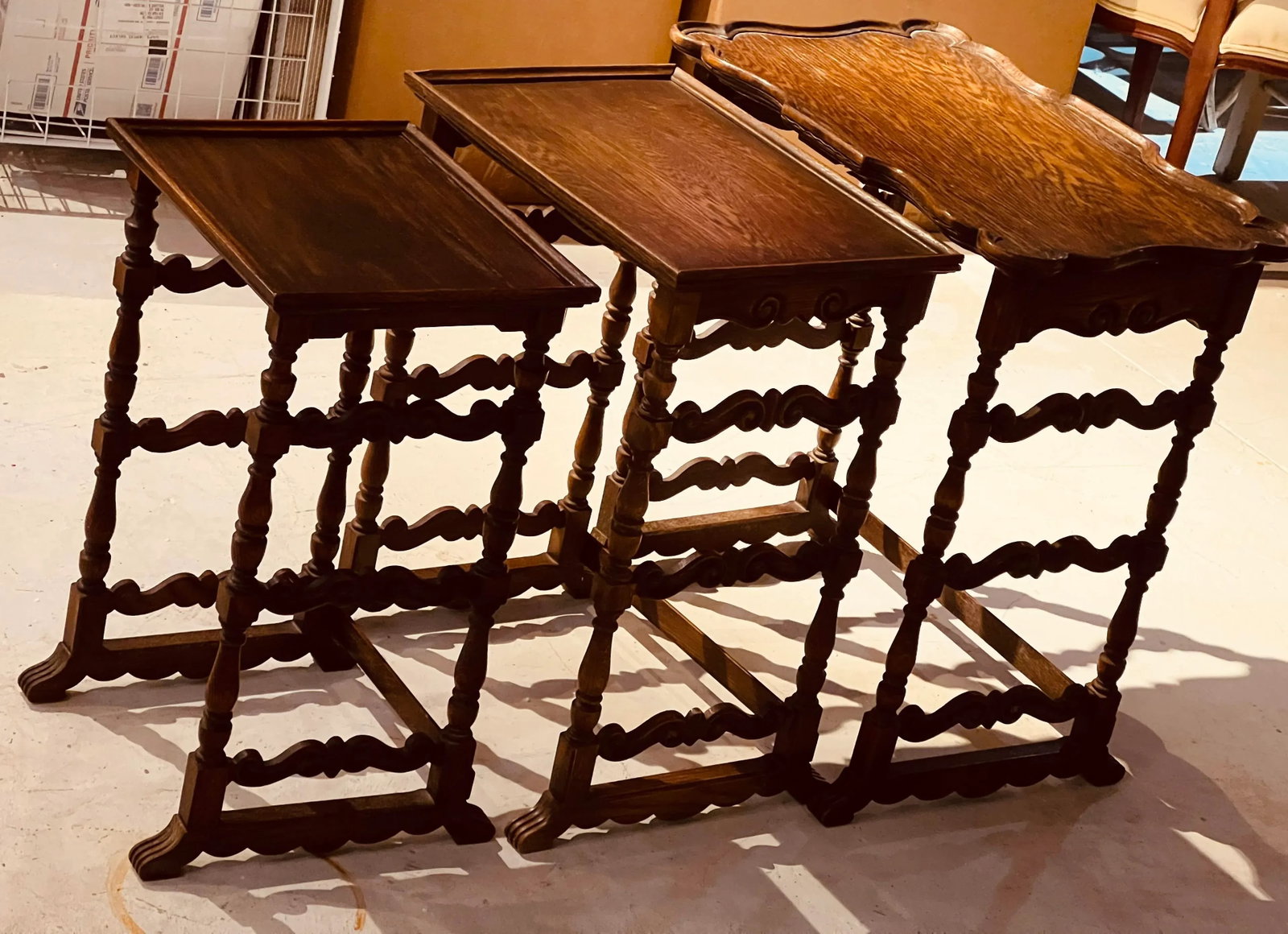 Antique Hand Carved Sold Hardwood Nesting Table a Set of # - 3
