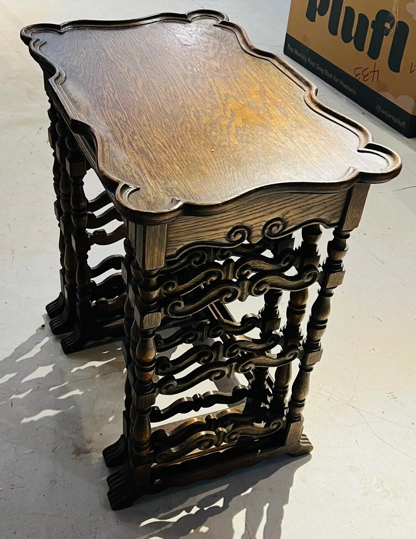 Antique Hand Carved Sold Hardwood Nesting Table a Set of # - 4