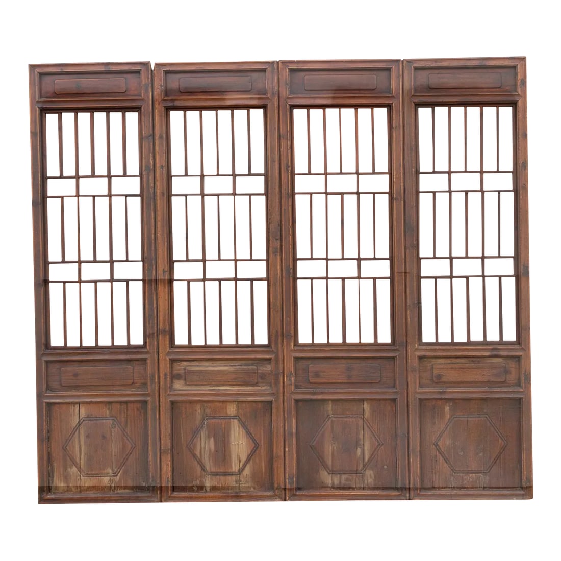 Set of Four, 19th Century Farmhouse Screen Panels: A farmhouse exquisite set of 4 Chinese screens, handcrafted in the spirit of the Ming Dynasty. Standing tall at 6 feet, they offer diverse functionality as a stunning room divider, captivating wall