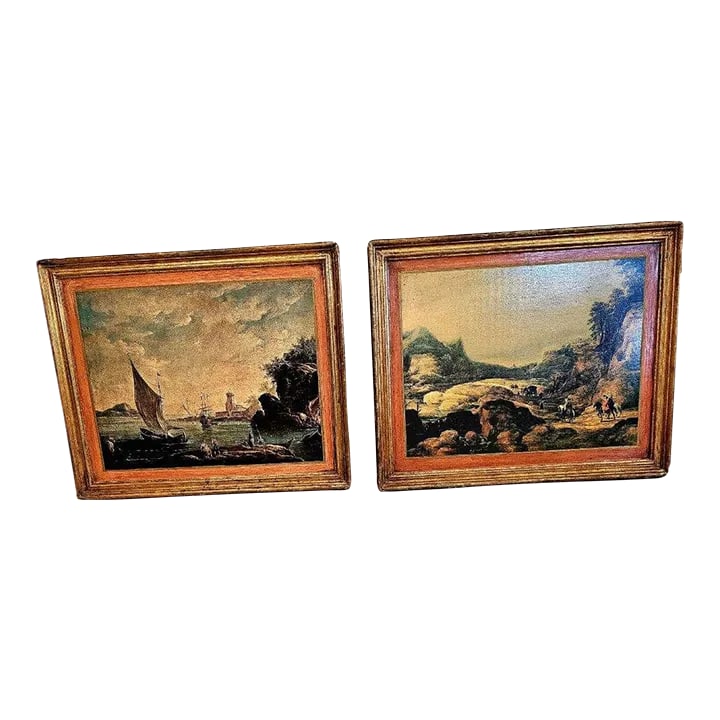 Venetian Decoupaged Landscape Prints on Board -A Pair: Beautiful detailed Venetian landscape prints on board that have been decoupaged with gilded mats and handsome wooden frames to look like original Old World paintings. Very rich and warm pieces of