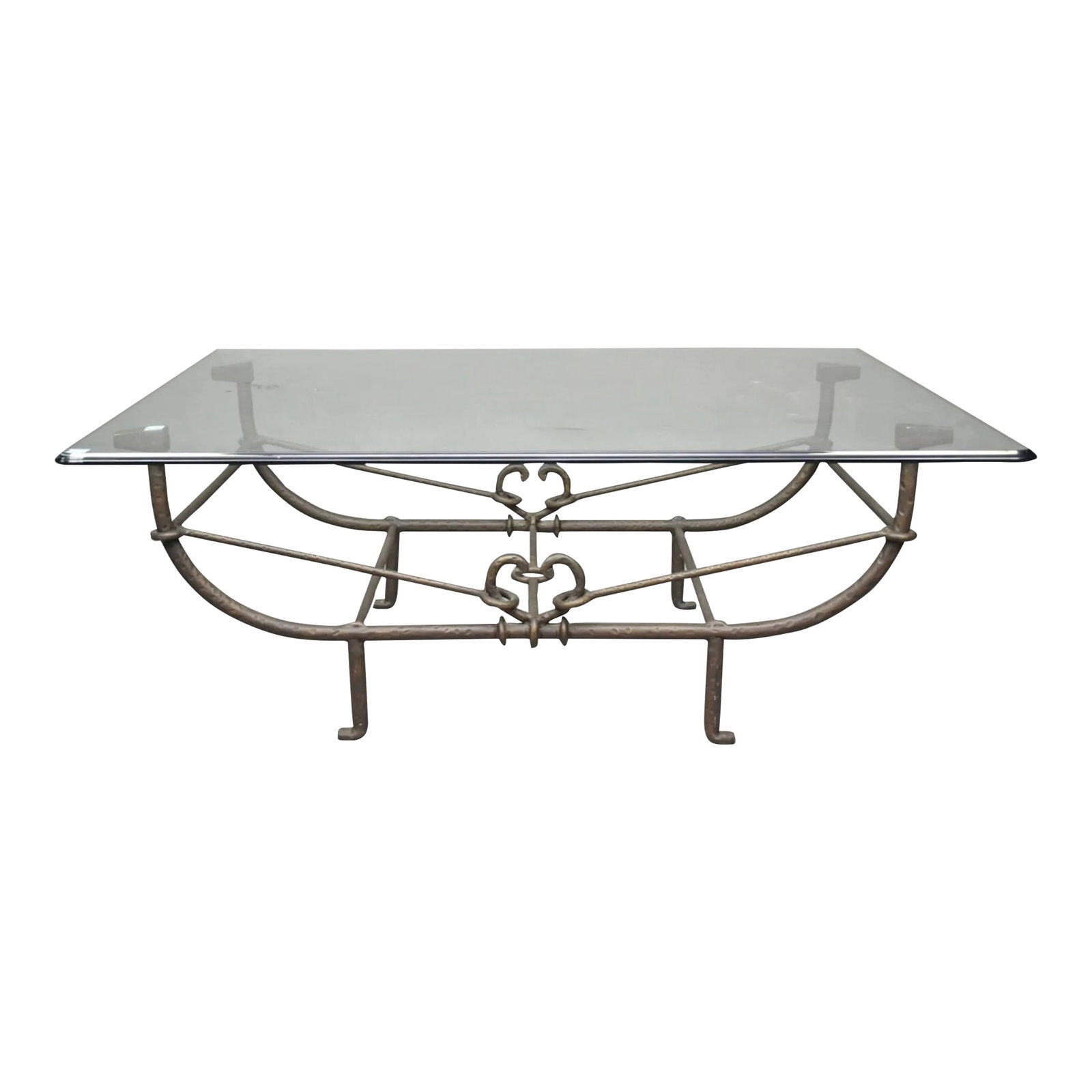 Paul Ferrante "Emilio" Wrought Iron Coffee Table With Glass Top: Paul Ferrante "Emilio" Wrought Iron Coffee Table, Forged and hammered iron frame with stretcher base with beveled glass top. Iconic design in the style of Diego Giacometti. Condition: Alterations: Ori