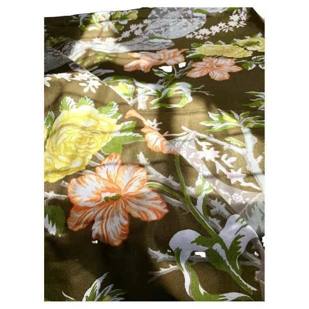 Moss Green Floral Trompe L'Oeil Handprinted Linen, Schumacher, Kent Garden, 1971 - 7 Yards - 6