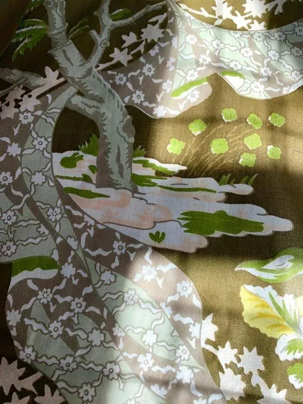 Moss Green Floral Trompe L'Oeil Handprinted Linen, Schumacher, Kent Garden, 1971 - 7 Yards - 8