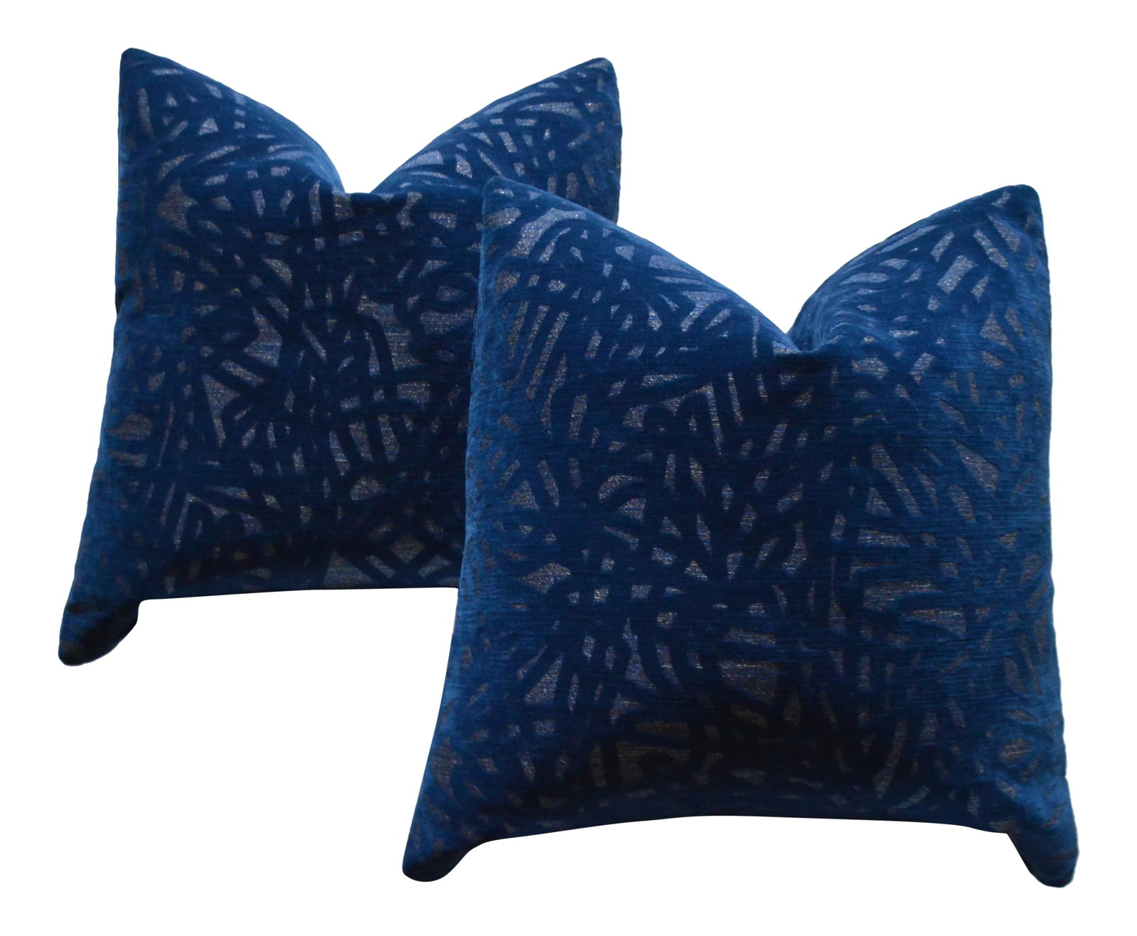 Custom 22" Navy Patterned Velvet Pillows - a Pair: Pair navy patterned velvet custom pillows. 22" x 22" Each pillow if fully done in the same fabric, sewn knife edge with hidden zipper closure. High quality down feather inserts are included.