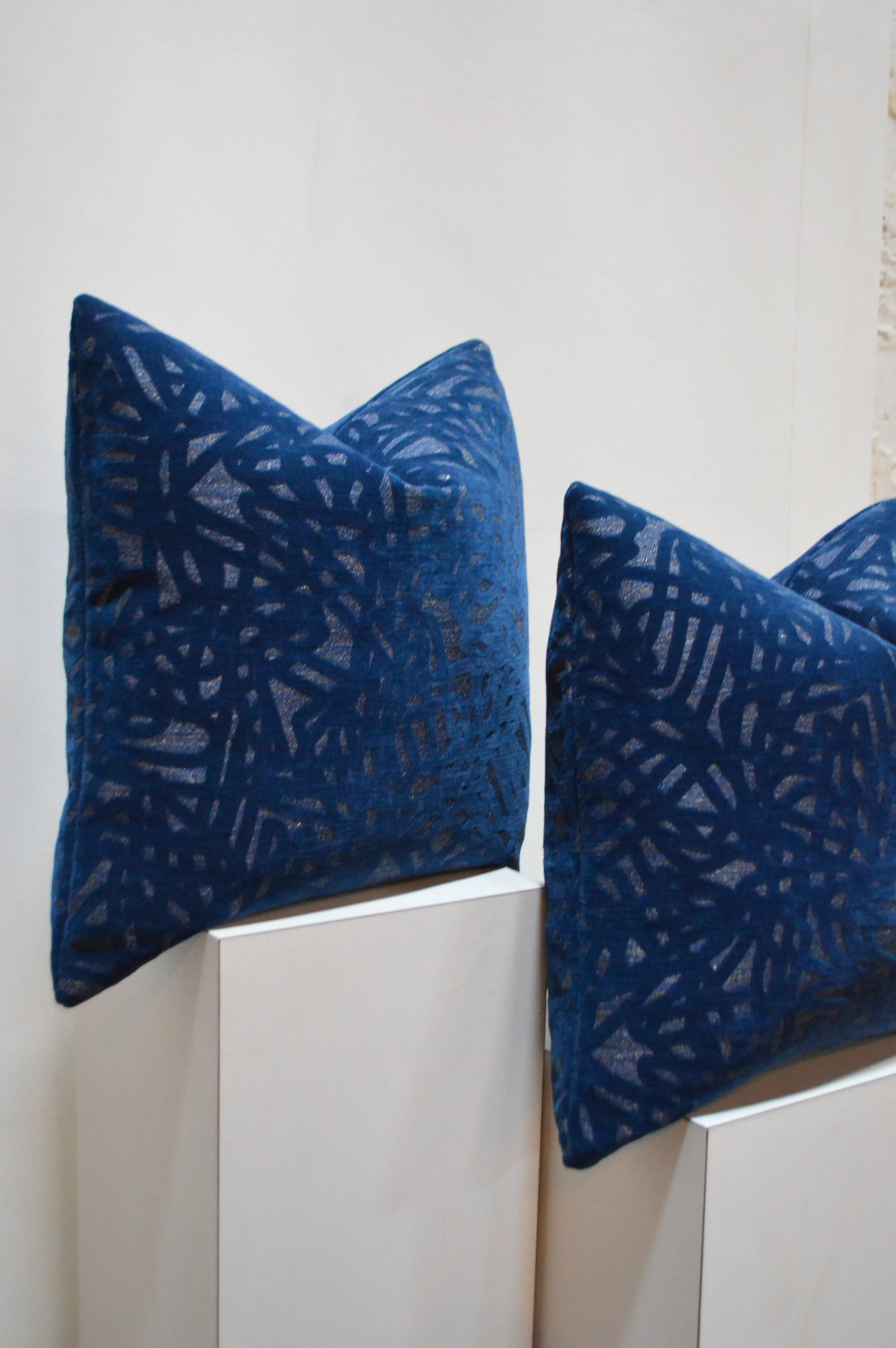 Custom 22" Navy Patterned Velvet Pillows - a Pair - 4
