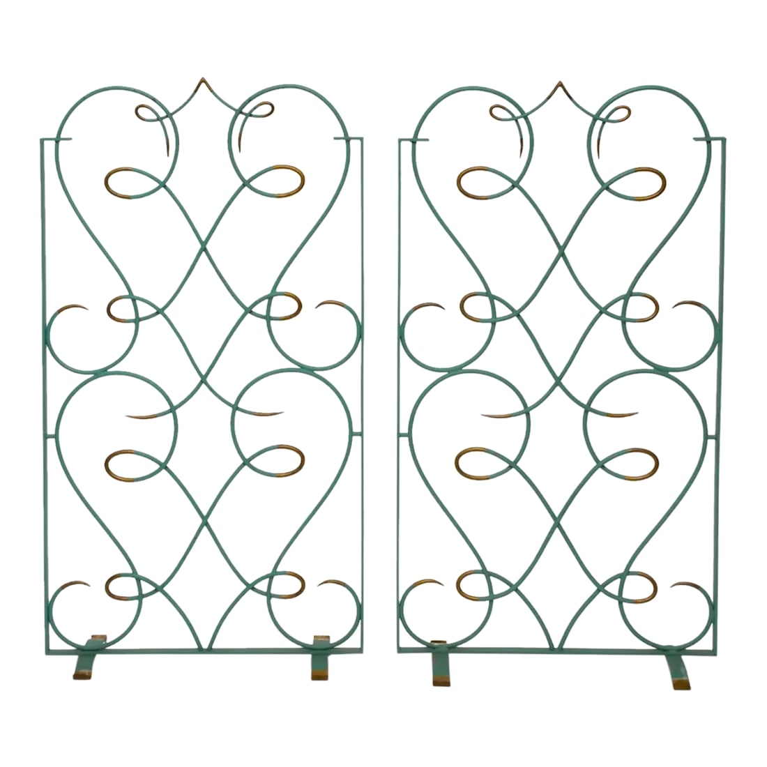French Art Deco Wrought Iron Fire Screens Attributed to Gilbert Poillerat: A pair of 1940s French Art Deco style wrought iron fire screens, attributed to Gilbert Poillerat. Sage green paint with gilt accents. These are meant to be used together as a set. Condition: