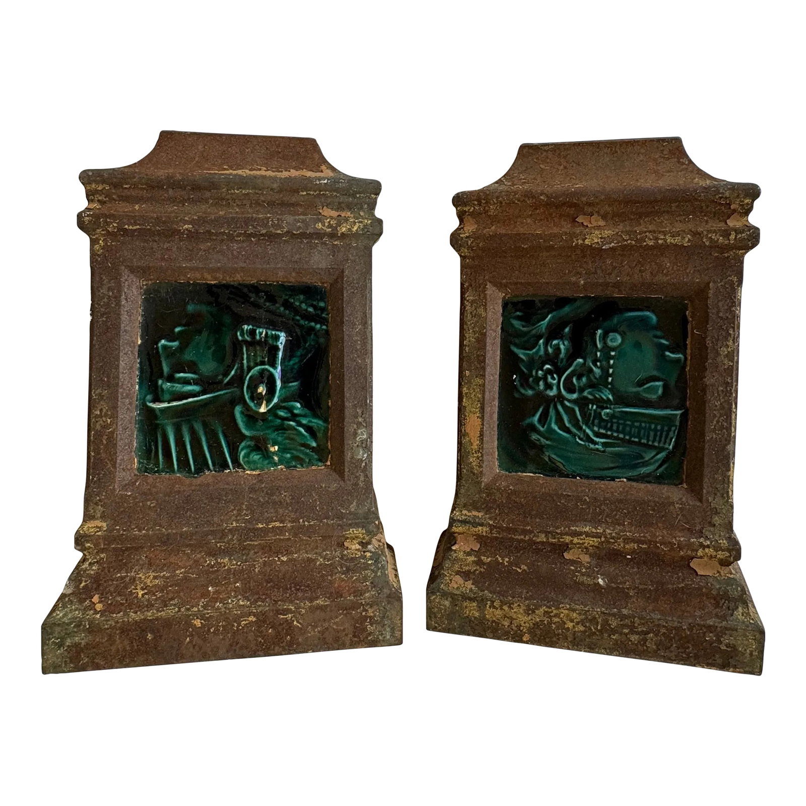 Pair of Vintage Iron Architectural Brackets With Glazed Tiles – Salvaged Decor: Pair of Vintage Iron Architectural Brackets with Glazed Tiles – Salvaged Decor Add character and history to your space with this unique pair of vintage architectural iron brackets, featuring
