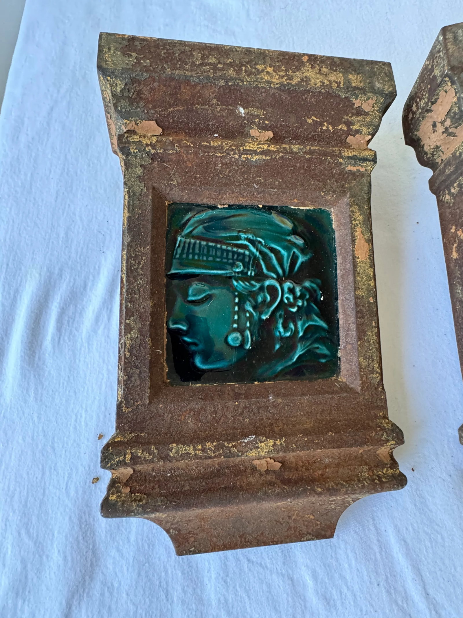 Pair of Vintage Iron Architectural Brackets With Glazed Tiles – Salvaged Decor - 2