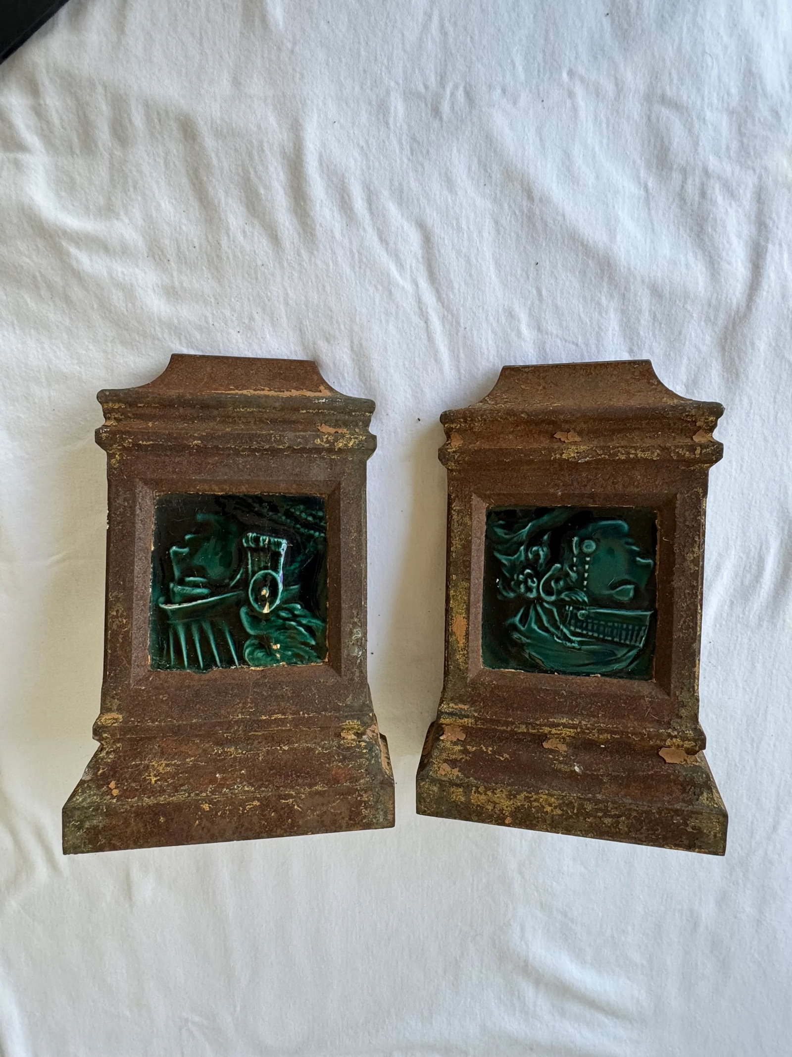 Pair of Vintage Iron Architectural Brackets With Glazed Tiles – Salvaged Decor - 3