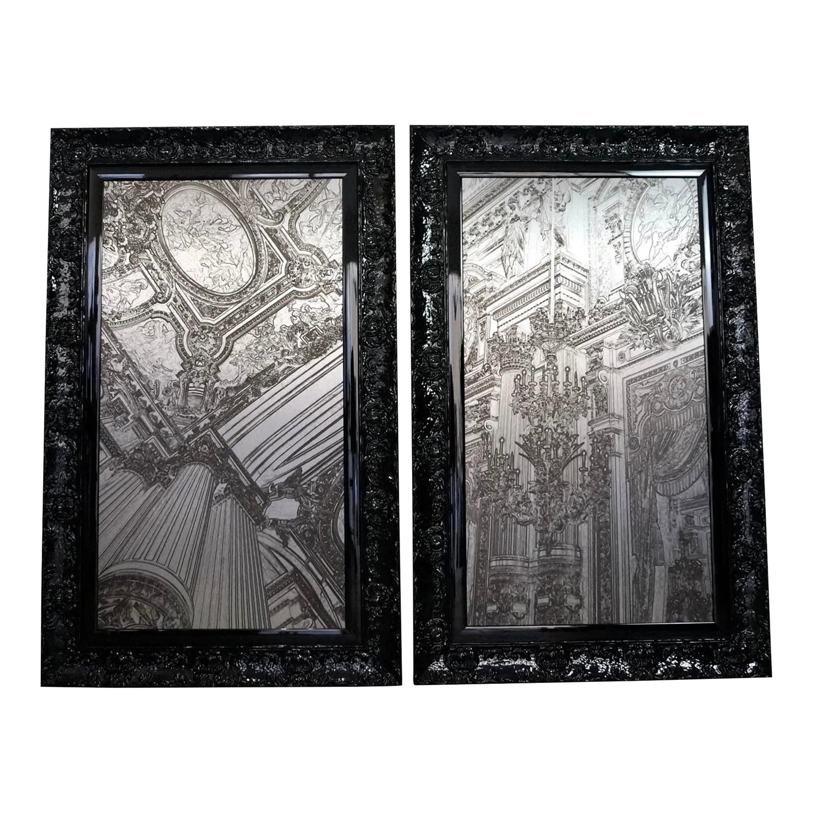 Hollywood Regency Signed Tony Koukos Metal Art Framed Prints - a Pair: Fantastic pair of unique Tony Koukos artworks for sale. They are original prints printed on sheet metal, and are professionally framed in an Italian solid wood black lacquered framed. The images are