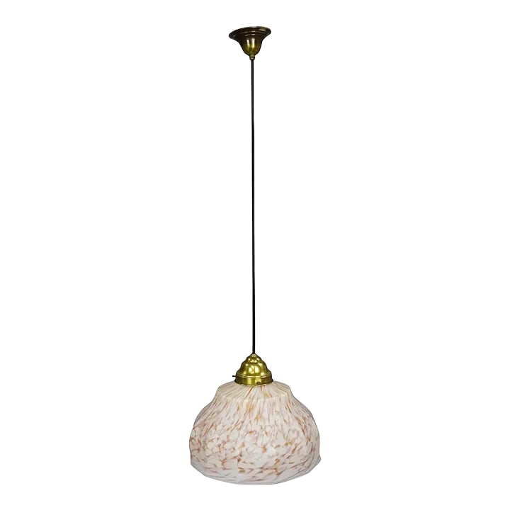 Vintage Pendant Light With White and Antique Pink Glass Shade Ca. 1950: Vintage Pendant Light with White and Antique Pink Glass Shade ca. 1950 A vintage pendant lamp with a white and antique pink opaline glass shade and brass suspension. The cabling is renewed, working