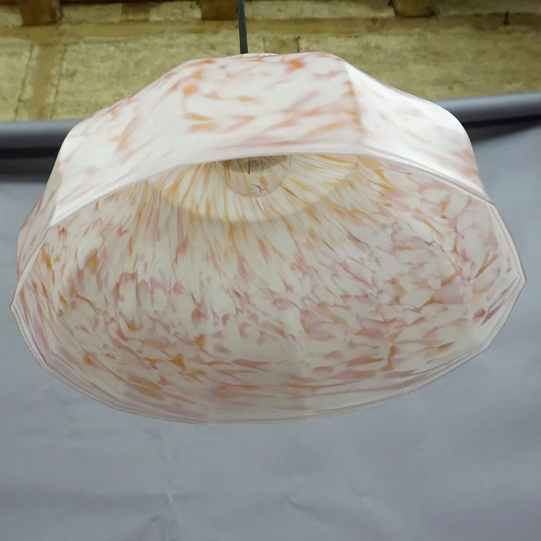 Vintage Pendant Light With White and Antique Pink Glass Shade Ca. 1950 - 3