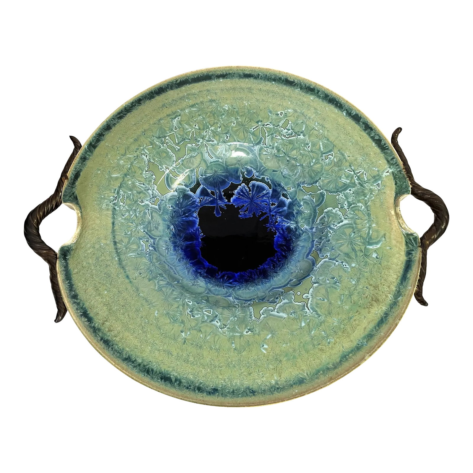 Vintage Large Artisan Pottery Plate With Crystalline and Metallic Bronze Glazes: A true piece of art! This pottery dish is very substantial, made of thick clay with rolled handles. It has a crystalline glaze in turquoise and cobalt blue colors with visible crystals that formed
