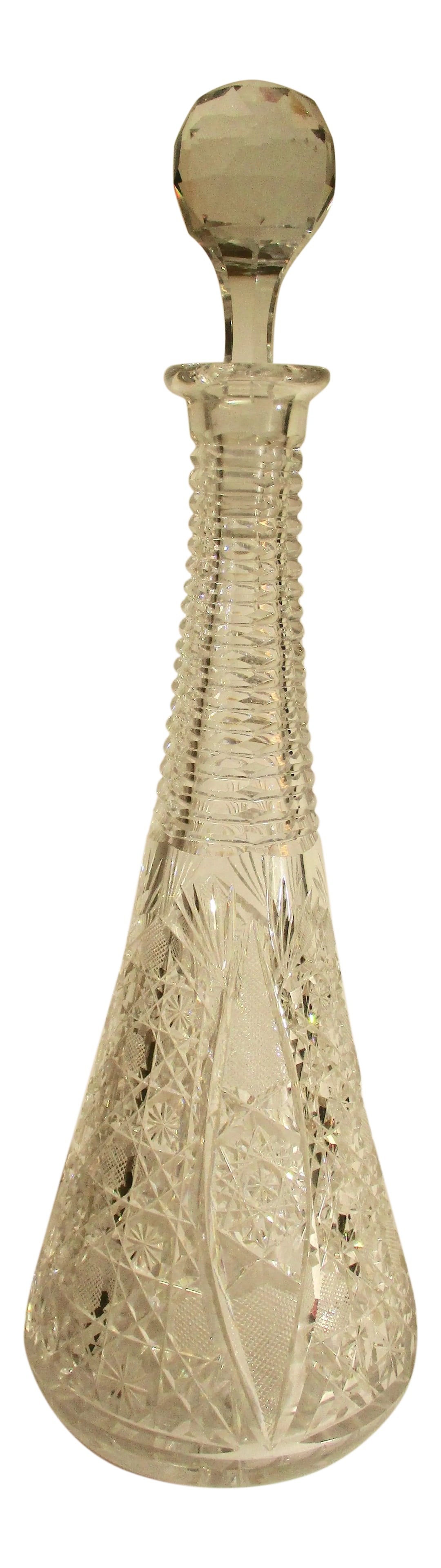 Cut Glass Brilliant Pattern Wine Decanter: Brilliant pattern cut glass wine decanter from 1890-1910s. Stopper complete, no chips no cracks. Size 15.25" tall, diameter 5.25". Condition: Alterations: Original Condition Unaltered Imperfections: S