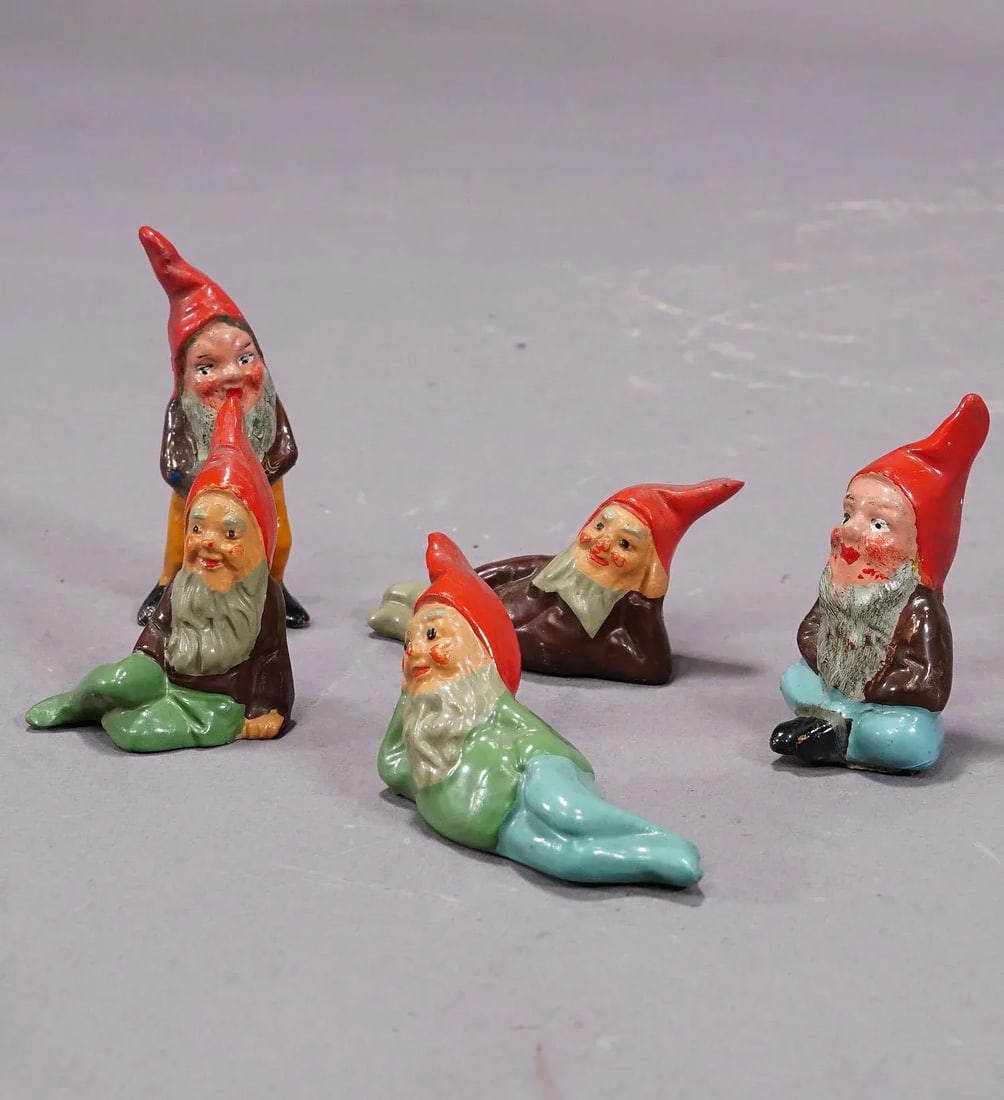 Five Tiny Terracotta Garden Gnomes, Germany Ca. 1950s - 3