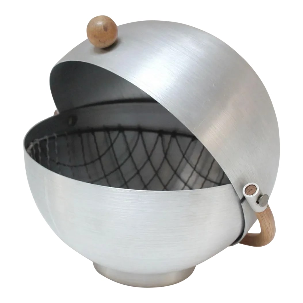 Vintage Russel Wright Spun Aluminum, Bamboo and Birch Bun Warmer: Bun Warmer in spun aluminum with birch knob and bamboo handle by Russel Wright (ca. 1935, USA). Though fashioned as a bun warmer, can also be used as a catch-all storage for small objects or ice