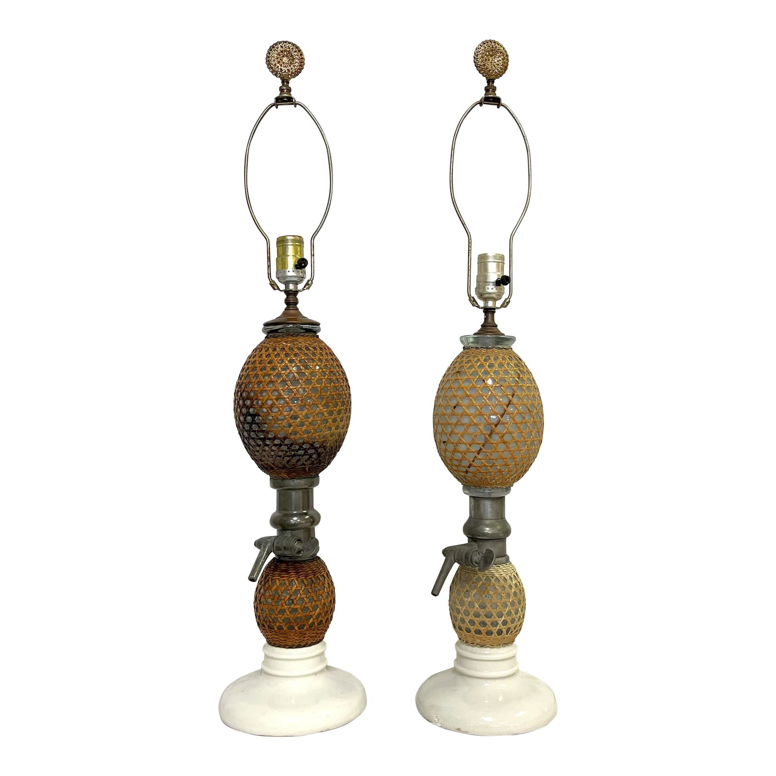 19th Century French 'Briet Brevete' Seltzer Bottle Lamps- a Pair: Cool pair of Antique French 'Briet Brevete' seltzer bottle lamps. These seltzer bottles are from the late 19th or early 20th century, and were later turned into lamps. They still have their original