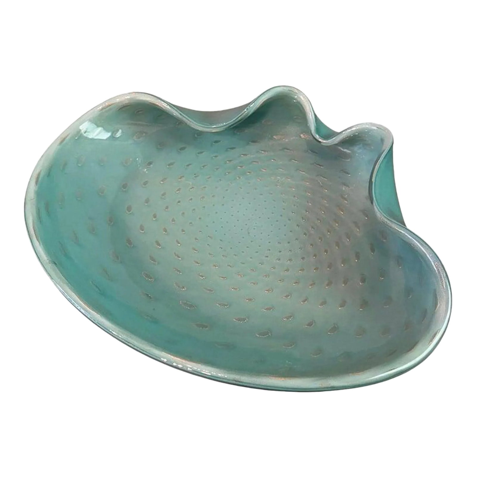 Large 1950s Italian Mid-Century Blue Murano Attributed Glass Clamshell Dish: Large, Italian, mid-century, pale blue opaque, Murano attributed glass dish in a clamshell shape features a raised bullicante interior accented with flecks of gold. This dish is not signed. Condition: