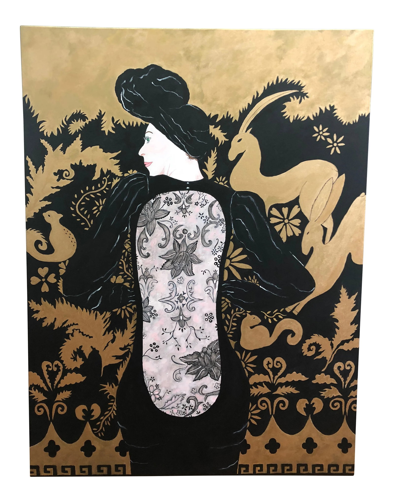 Woman in Black Lace Couture Backless Gown Painting: Sexy striking large painting of a woman in a black lace open backed Yves Saint Laurent inspired evening gown, standing in front of a gold and black decorative screen. Famous Parisian designer Armand