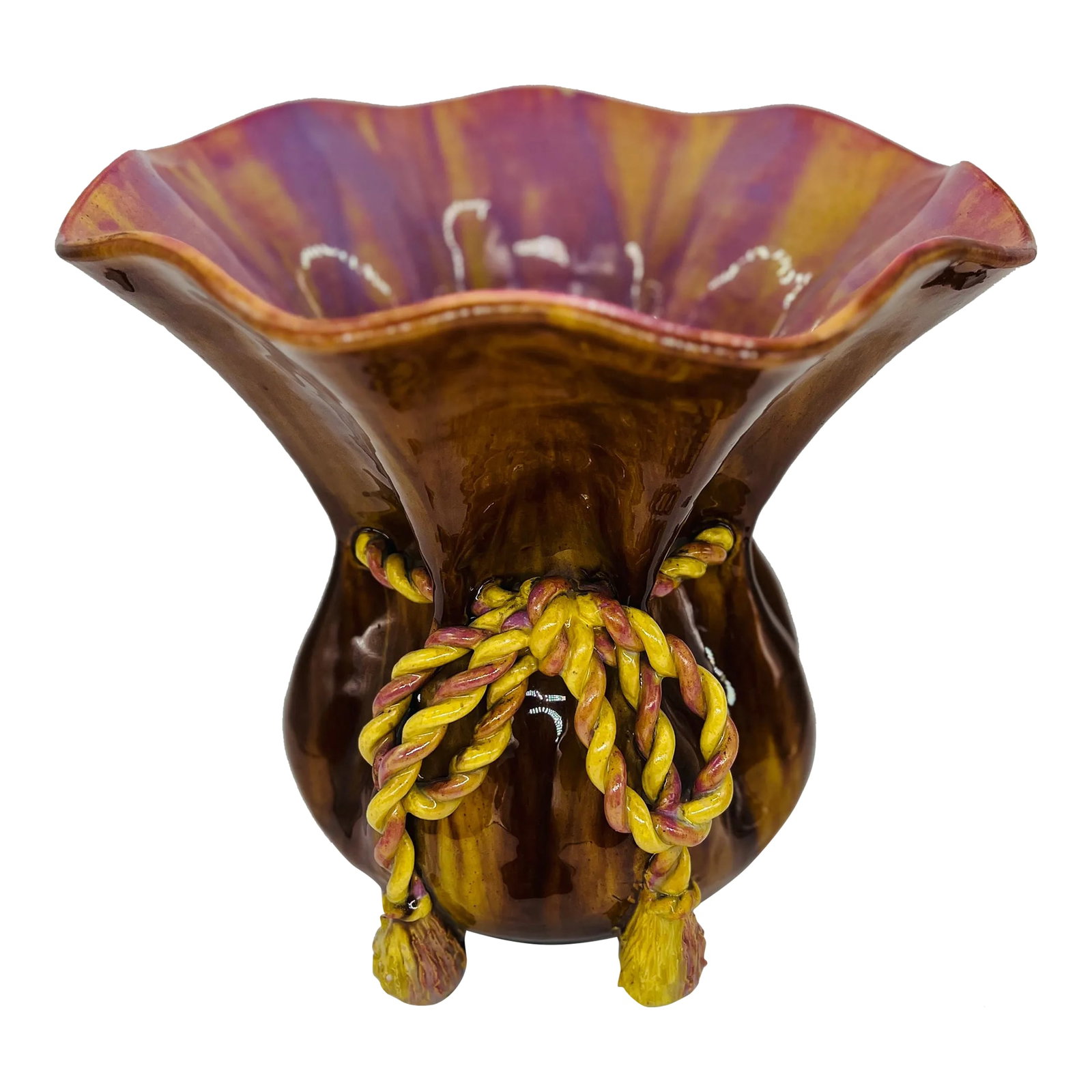 Highly Unusual French Majolica Rope Twist Vase or Jardiniere: Aubagne France, early 20th century. A highly unusual French ceramic piece with beautiful brown glazed exterior and a polychrome glazed interior. The vase or jardiniere features a life-like braided
