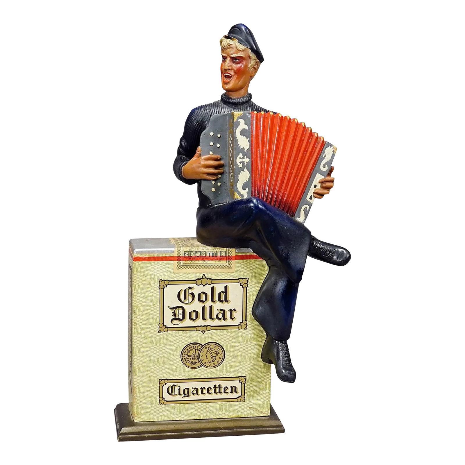 Vintage Gold Dollar Cigarettes Advertising Sculpture 1950s: Vintage Gold Dollar Cigarettes Advertising Sculpture 1950s This old BAT (British American Tobacco) advertising figure made of wood and plaster advertising the cigarette brand "Gold Dollar" from the