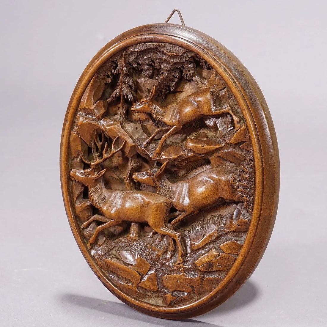 Great Wooden Carved Plaque With Stag Family, Brienz 1900s - 2