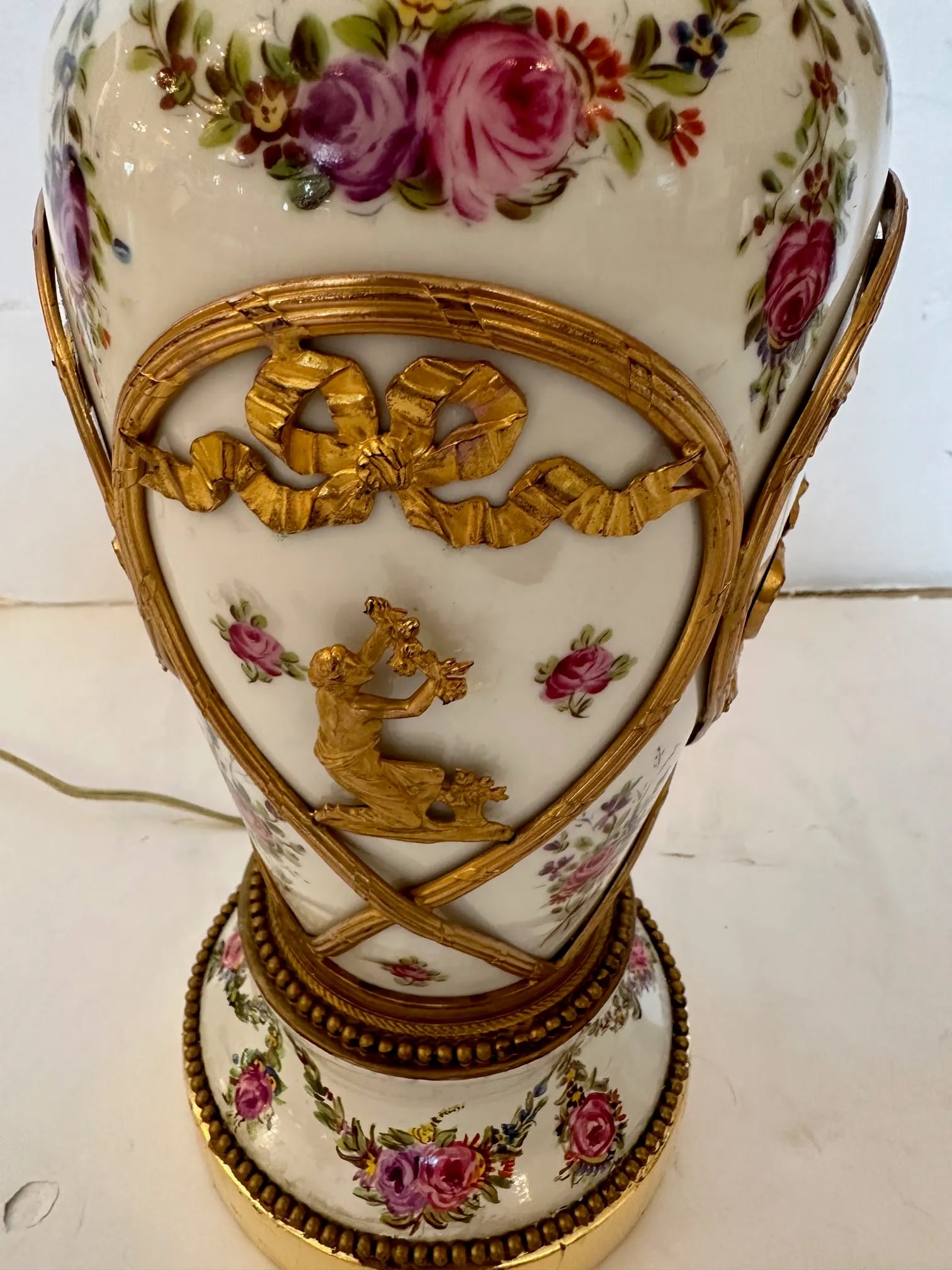 Vintage Porcelain Painted Table Lamps With Brass Overlays -A Pair - 10