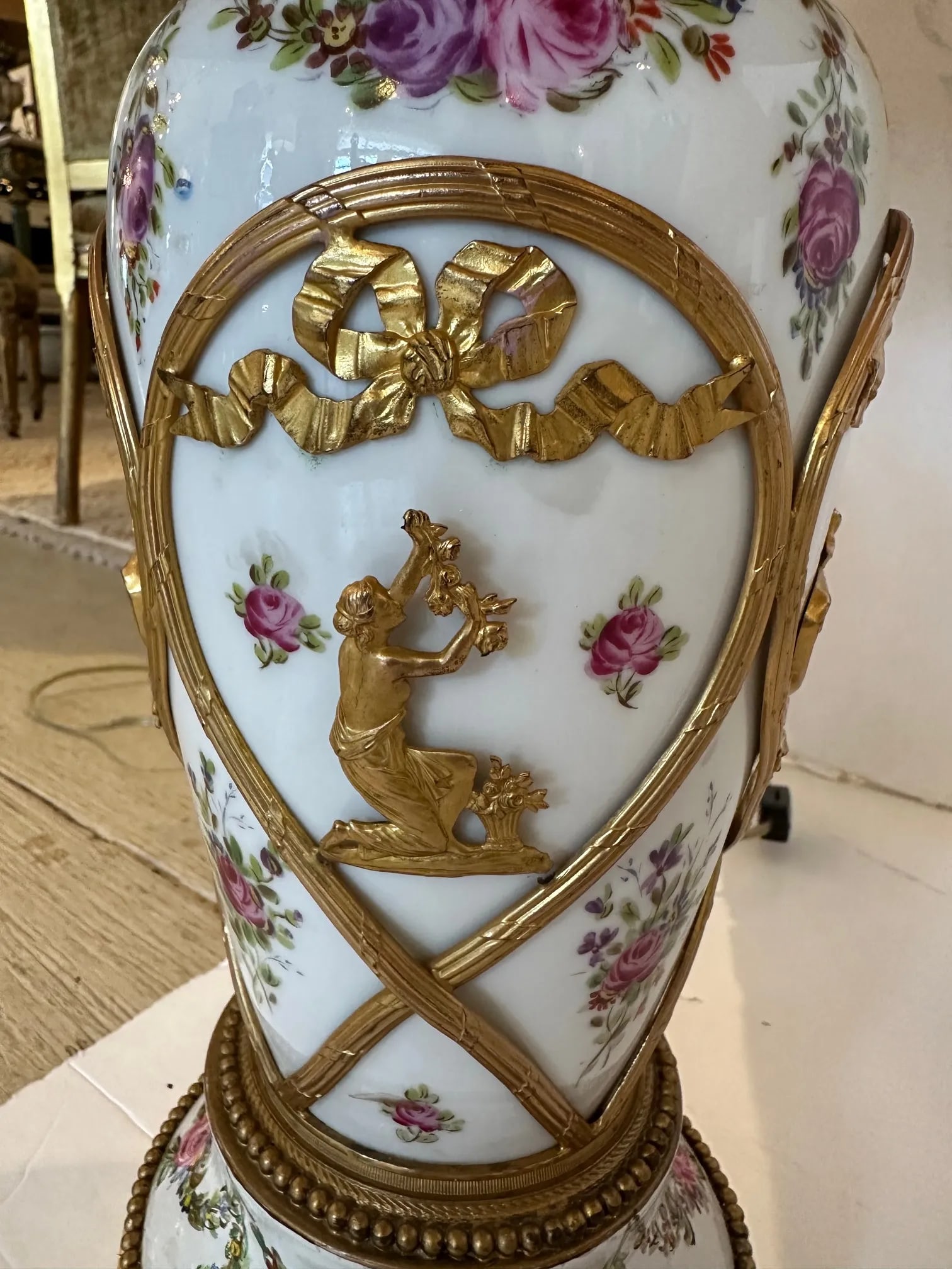 Vintage Porcelain Painted Table Lamps With Brass Overlays -A Pair - 2