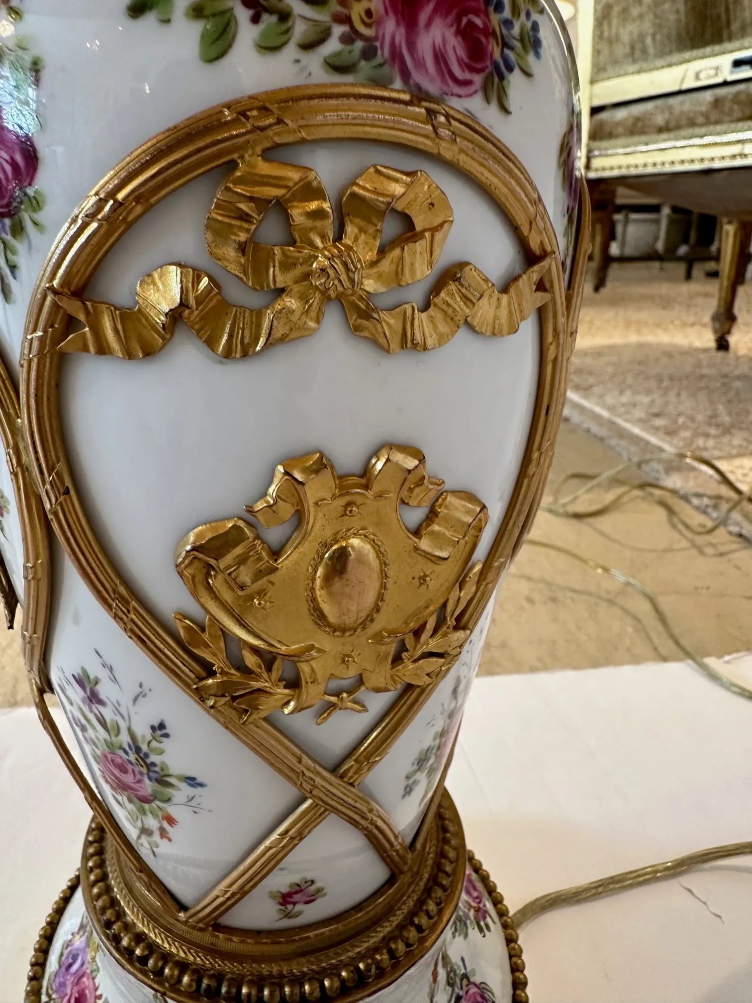 Vintage Porcelain Painted Table Lamps With Brass Overlays -A Pair - 3