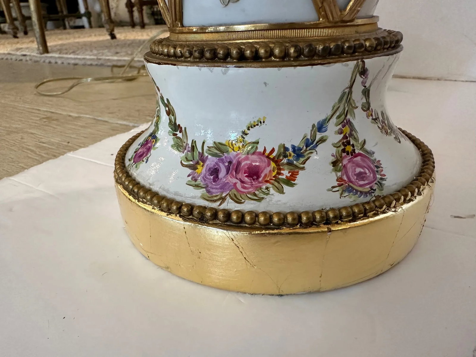 Vintage Porcelain Painted Table Lamps With Brass Overlays -A Pair - 4