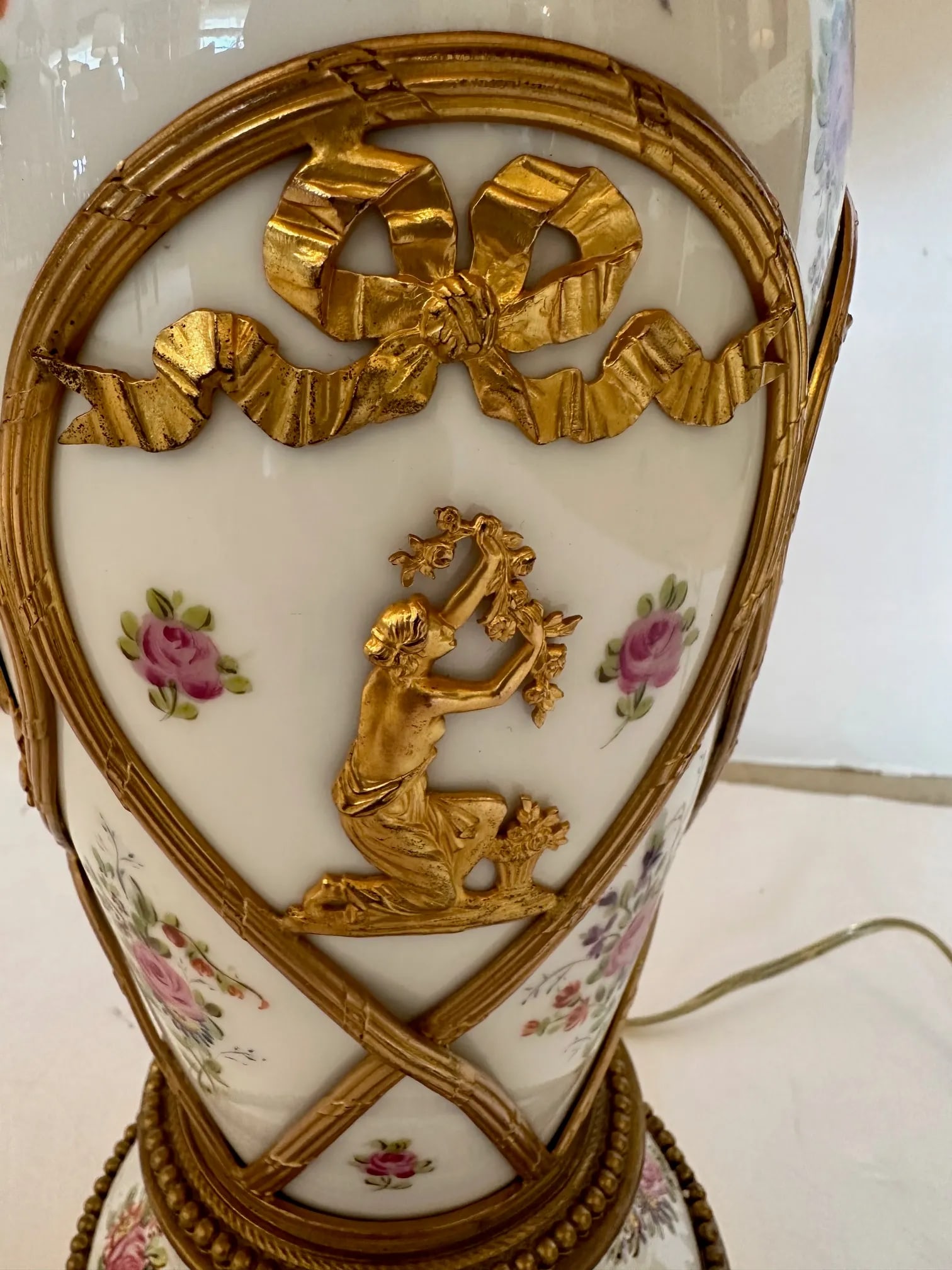 Vintage Porcelain Painted Table Lamps With Brass Overlays -A Pair - 5