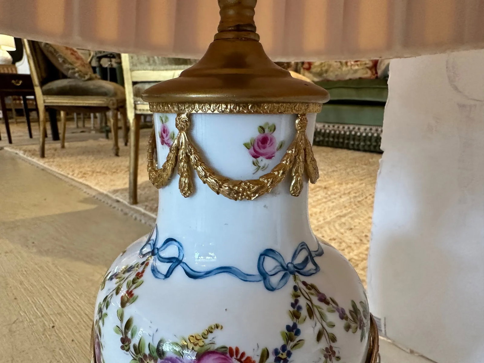Vintage Porcelain Painted Table Lamps With Brass Overlays -A Pair - 7
