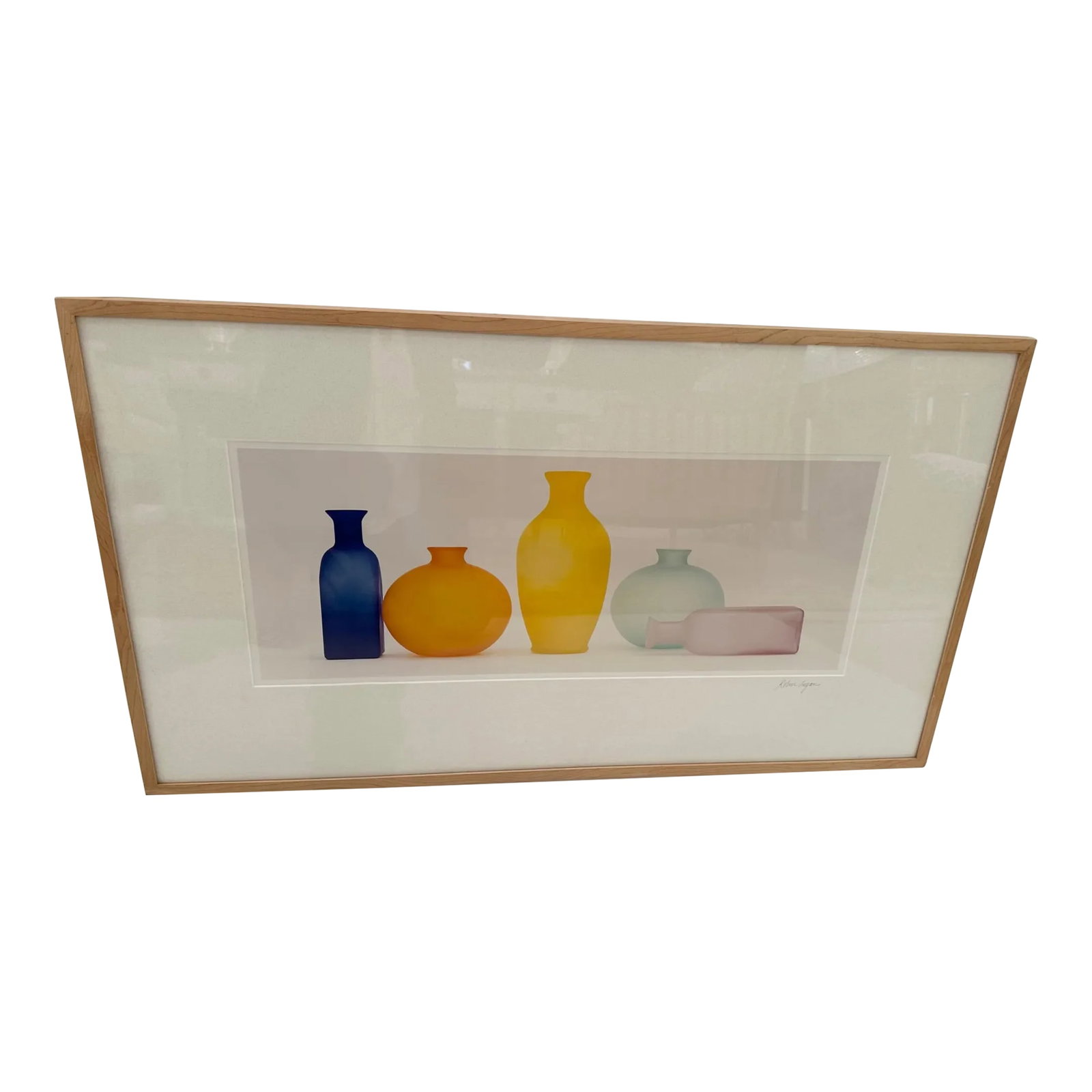 Signed Lithograph of Bottles by Robin Logan: Beautiful modern still life lithograph of bottles in different rainbow colors, signed by artist Robin Logan. Condition: Alterations: Original Condition Unaltered Imperfections: Some Imperfections