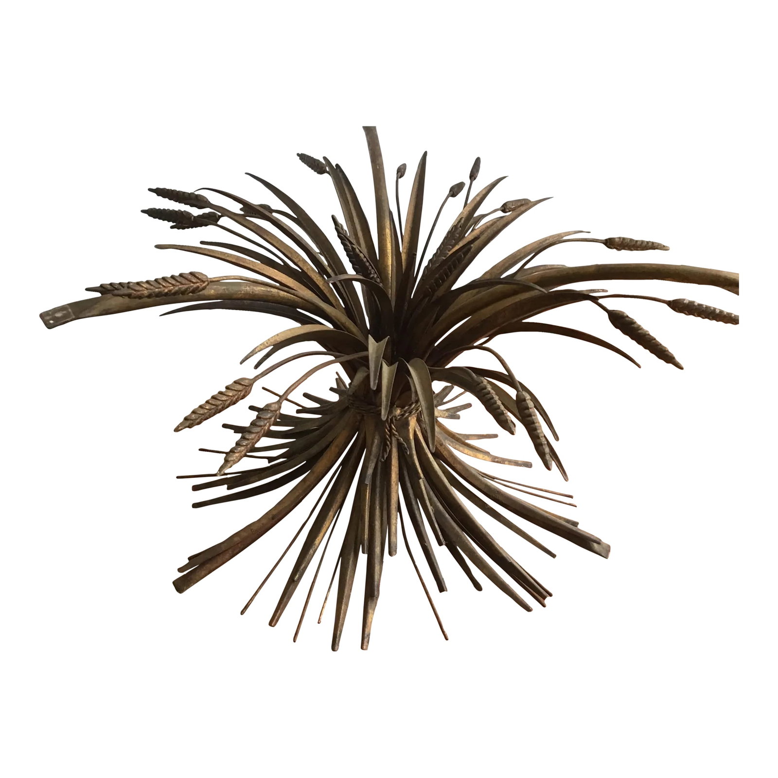 1970s Bronze Wheat Sheath Coffee Table Base: Love the Hollywood Whimsy of this piece. The metal base adds a new texture to a room. The rods with the wheat sculpture on the ends brings a natural character. Condition: Alterations: Original