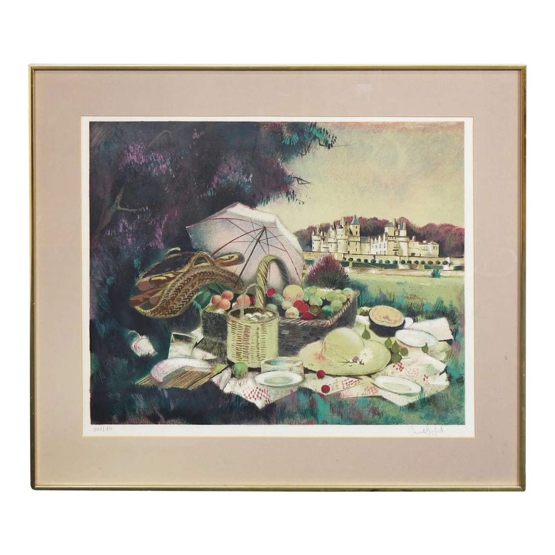Mid 20th Century Lithograph Signed on the Bottom, Framed: Signed Lithograph - 18.5" x 16.5" This vibrant lithograph offers a charming scene that beautifully captures the essence of an idyllic outdoor gathering. Measuring 18.5 inches wide and 16.5 inches