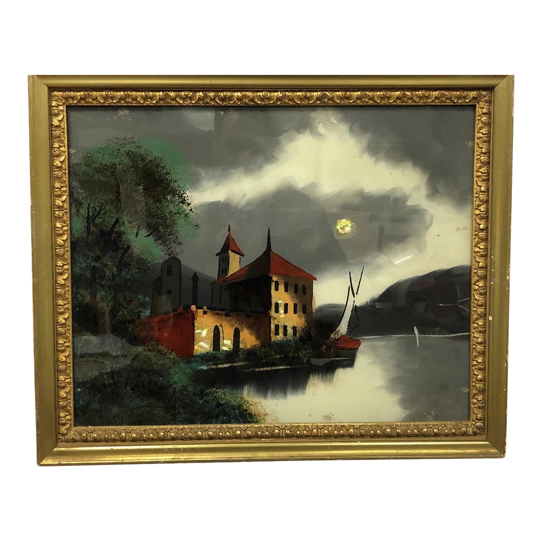Antique Original Painting on Glass: Antique Original Painting on Glass - 19" x 23" This exquisite antique original painting on glass showcases a captivating nocturnal scene of a lakeside castle, measuring 19 inches in height and 23