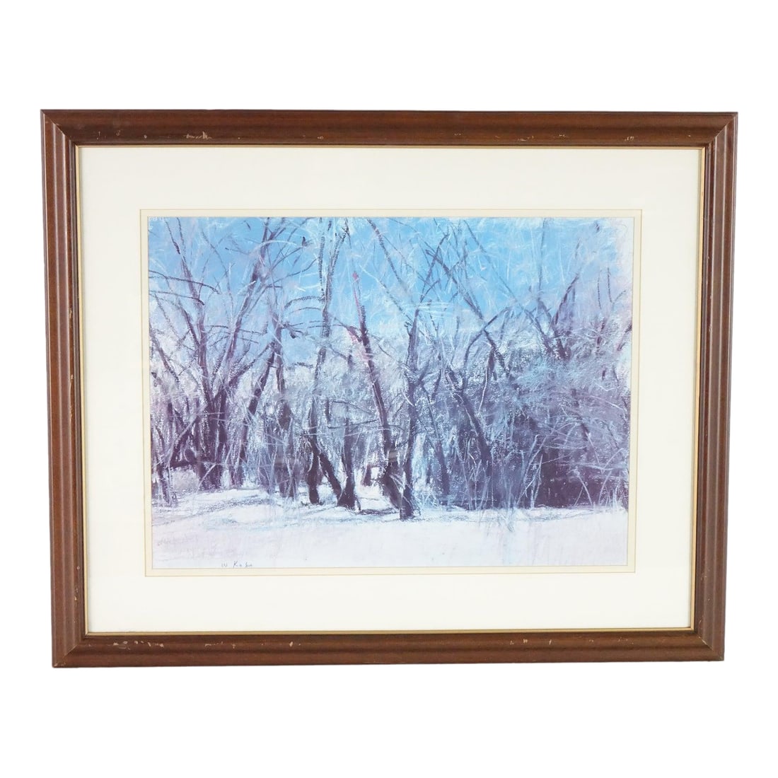 Echoes Through the Snow - Print of Original Pastel on Paper Signed: This serene winter landscape is a print of an original pastel on paper, signed by the artist (Wolf Kahn) in the lower left corner. The work draws from the impressionist tradition with its delicate