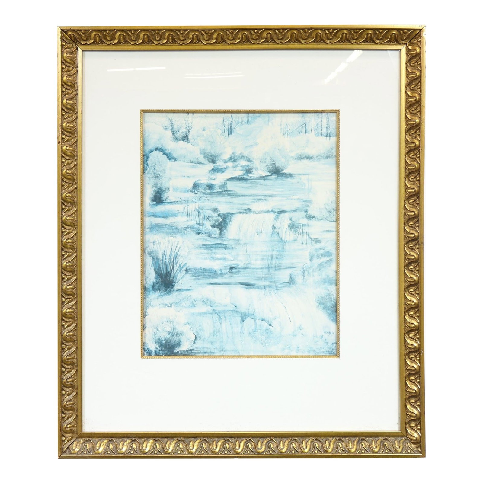 Morning Mist Over Quiet Falls - Watercolor Signed on the Bottom: Delicate and serene, this impressionistic watercolor captures a misty landscape centered around a gentle waterfall cascading into layered pools below. The artist employs a restricted palette of cool b