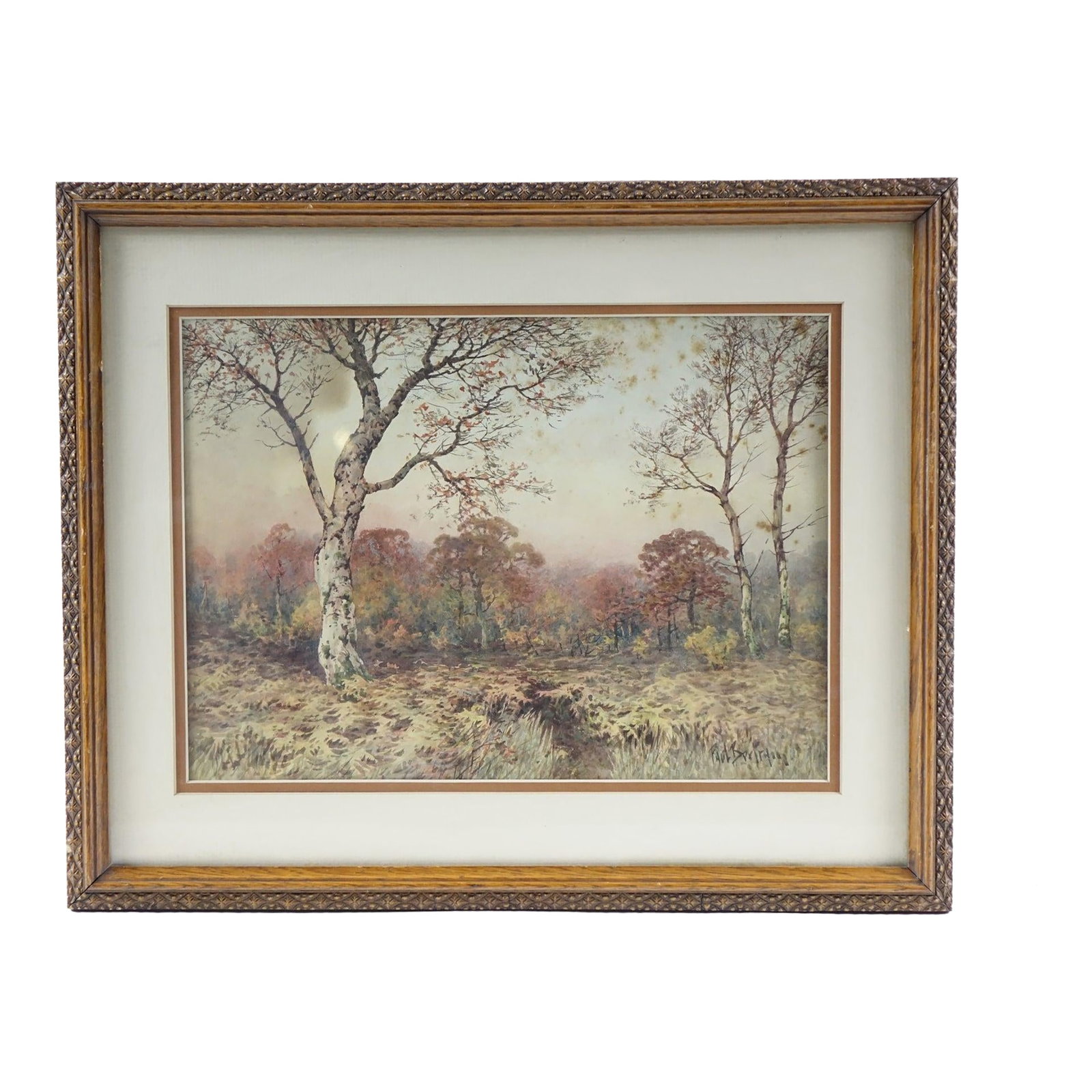 Autumn in the Woods - Mid 20th Century Original Watercolor on Paper Signed, Framed: This charming watercolor painting embodies the realism style with a delicate touch of impressionism, showcasing a quiet, contemplative autumn woodland scene. The landscape is rich with
