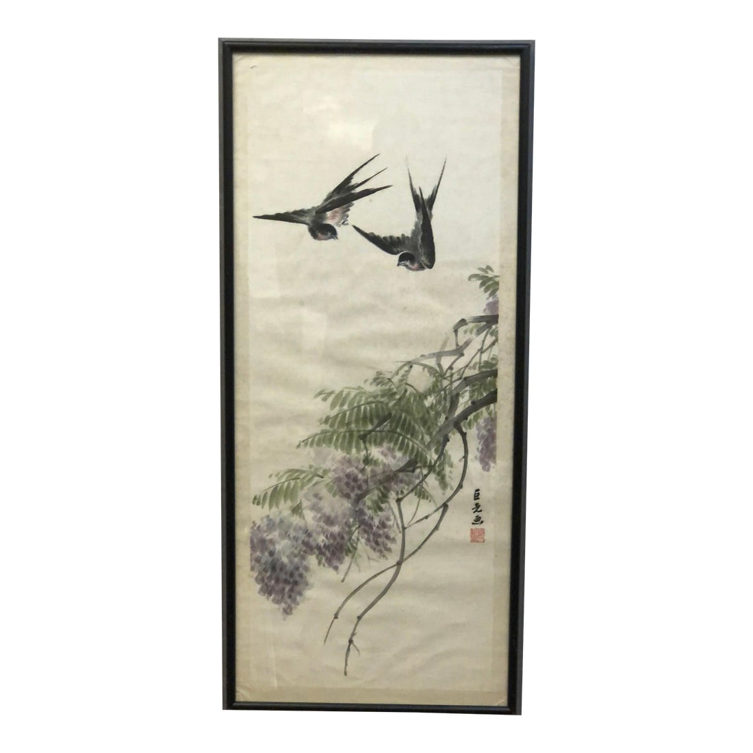 Wings Over Petals - Late 20th Century Chinese Original Watercolor on Paper Signed, Framed: This elegant original watercolor on paper captures the poetic beauty of nature through the lens of traditional Chinese painting, specifically in the Shan Shui and bird-and-flower (hua niao) style. The
