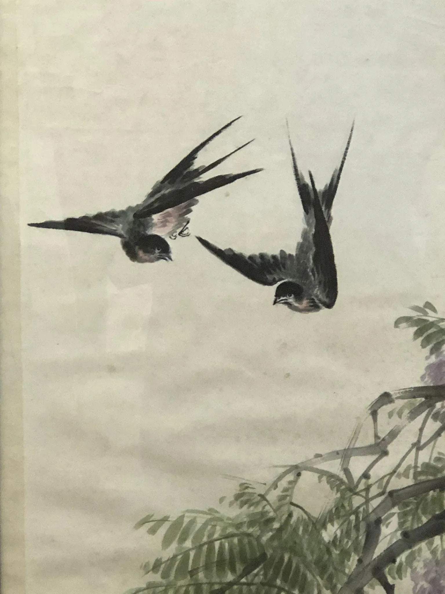 Wings Over Petals - Late 20th Century Chinese Original Watercolor on Paper Signed, Framed - 2