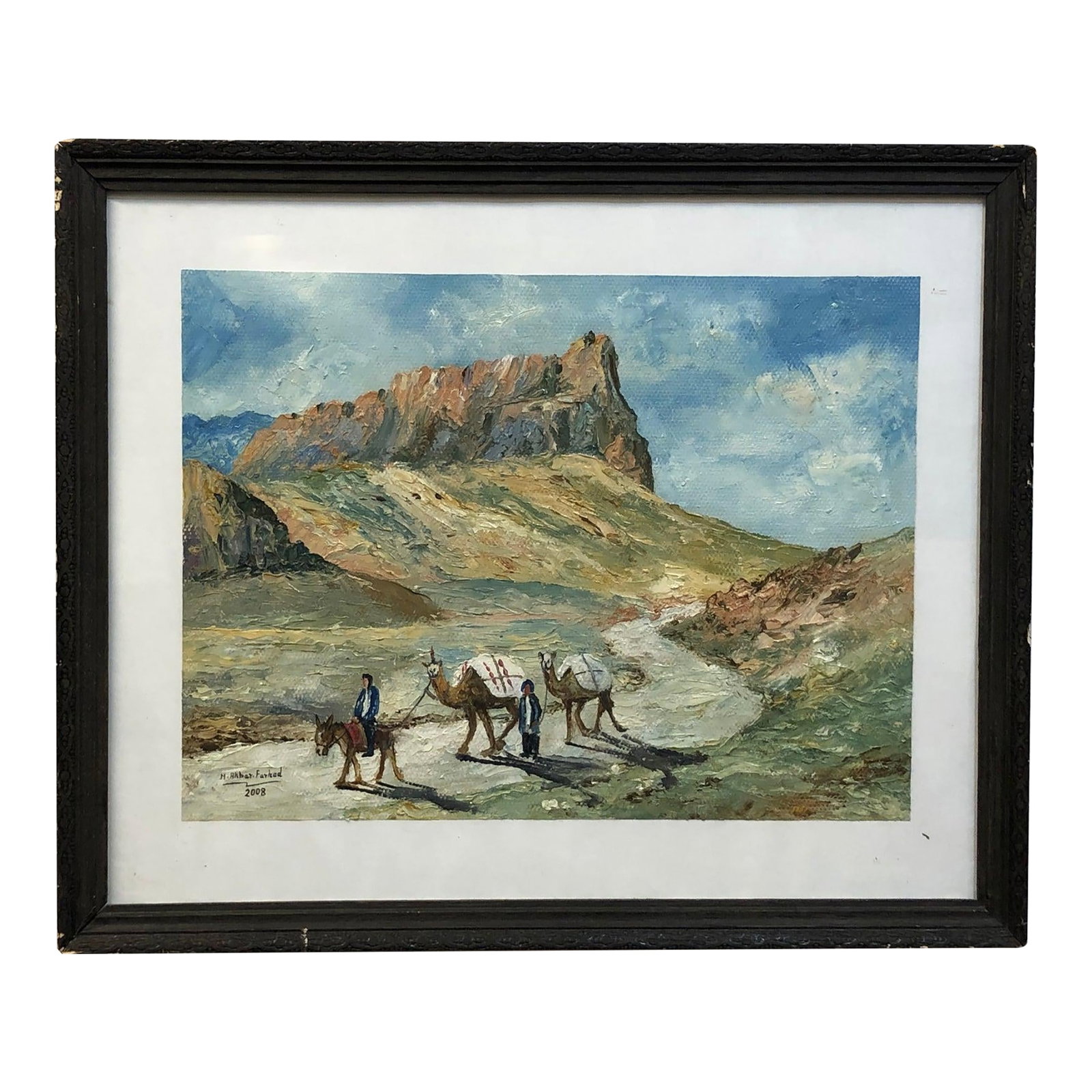 Journey Through the Silent Lands - Original Oil Painting on Canvas Signed, Framed: This evocative original oil painting offers a sweeping portrayal of a caravan traveling through a vast and rugged mountain landscape. Executed in a thick, textured impasto style, the painting is rich