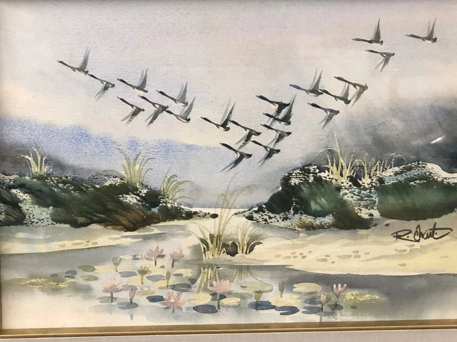 Echoes in the Sky - Mid 20th Century Original Watercolor Signed, Framed - 2