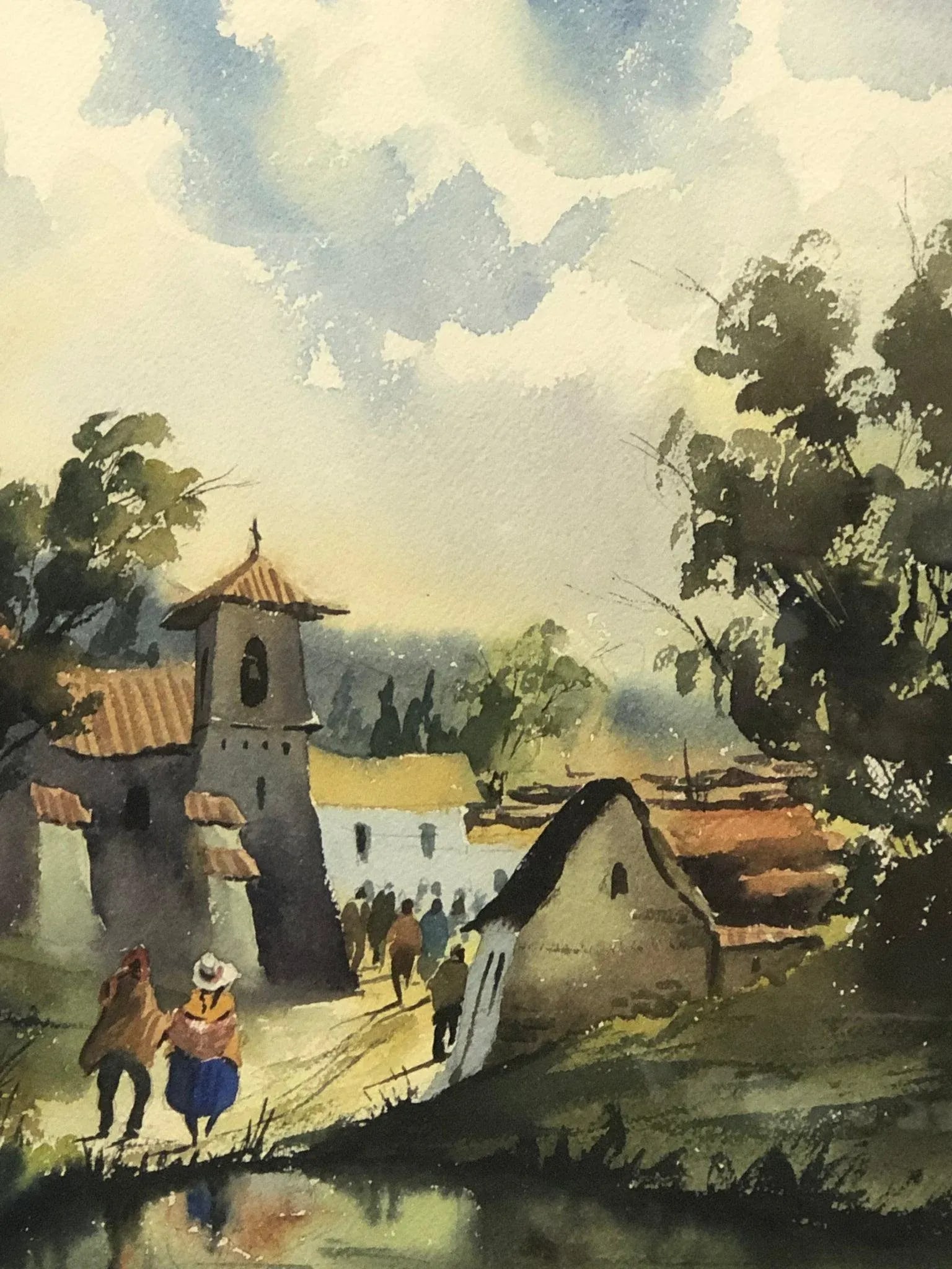 Path Through the Village - Original Watercolor Painting 1980 Signed on the Bottom, Framed - 2