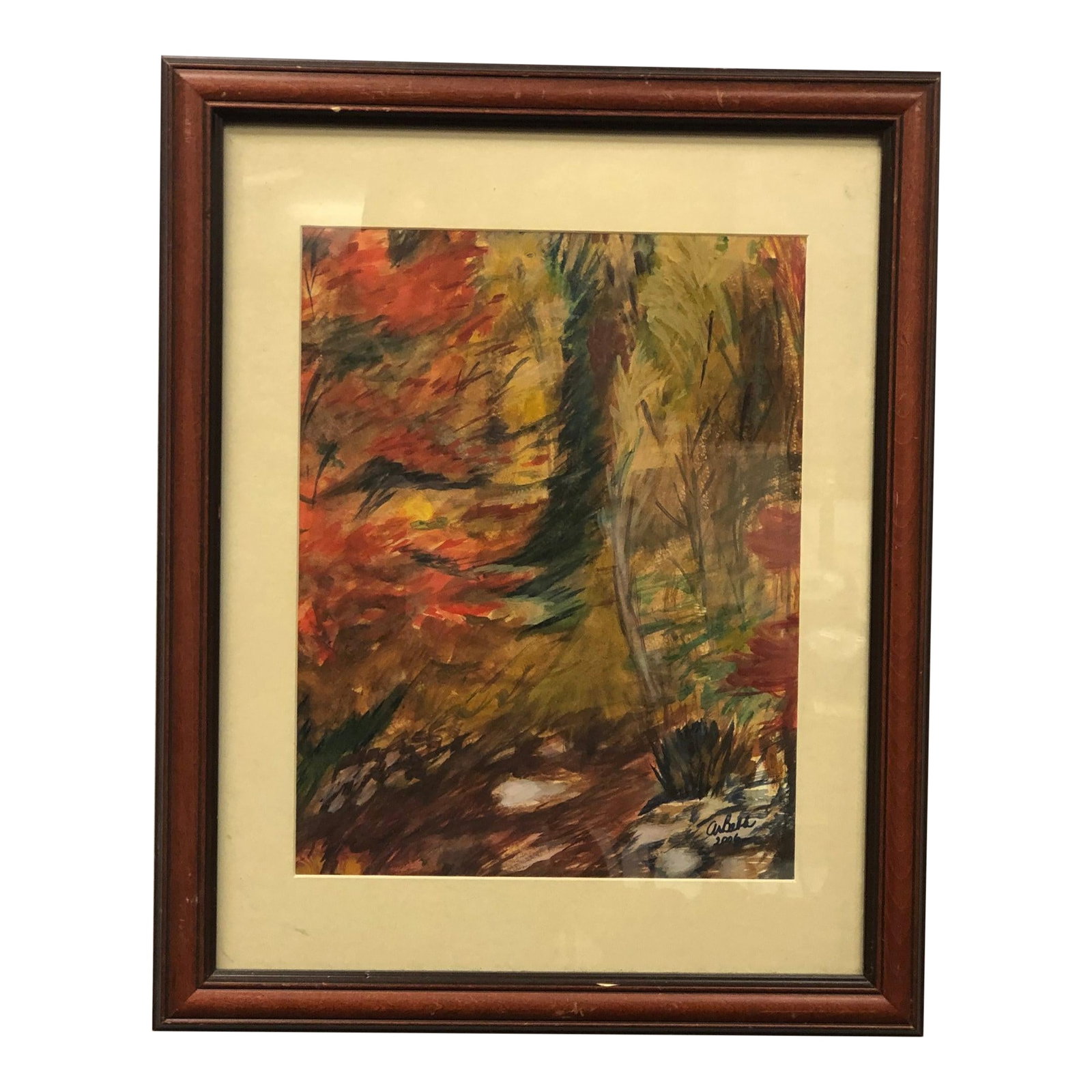 Autumn Whispers - Original Watercolor Painting Abstract Signed on the Bottom: Infused with emotion and movement, this original abstract watercolor painting brings the viewer deep into a richly atmospheric woodland scene. Signed and dated by the artist in bold script at the